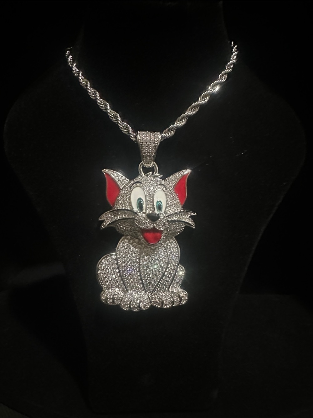 Silver Crystal Tom ( Tom & Jerry )Pendant Necklace with Red Accent